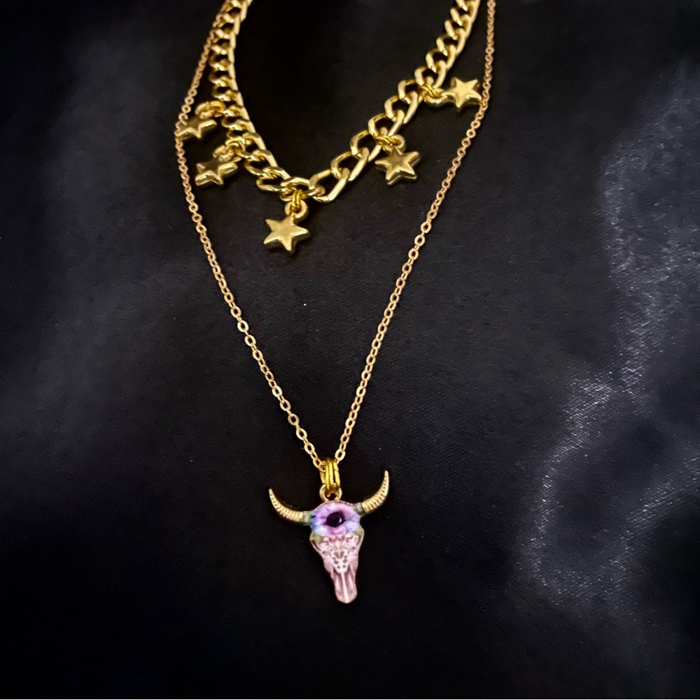 Handmade Gold and Purple Bull Skull & Star Charm Necklace